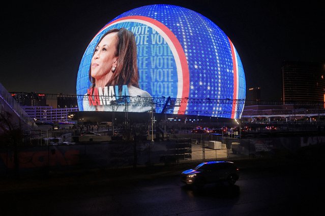 A display for Democratic presidential nominee U.S. Vice President Kamala Harris is seen on the Sphere in Las Vegas, Nevada on October 31, 2024. (Photo by David Swanson/Reuters)
