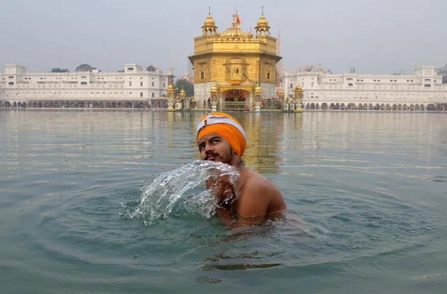 An Indian Sikh devotee takes a dip in the holy sarovar (water tank) at The Sikh Shrine Golden Temple in Amritsar on January 5, 2017, during a “Jalau”, a splendour show of Sikhism's symbolic items. The “Jalau” took place on the occasion of the 350th birth anniversary of the tenth Sikh Guru Gobind Singh. (Photo by Narinder Nanu/AFP Photo)