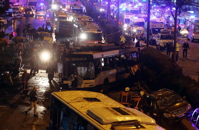 Emergency services work at the explosion site in the busy center of Turkish capital, Ankara, Turkey, Sunday, March 13, 2016. (Photo by AP Photo)