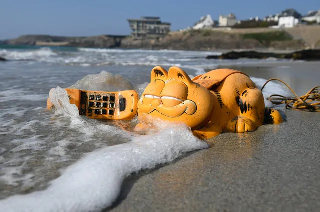 A plastic “Garfield” phone is displayed on the beach on March 30, 2019 in Le Conquet, western France. For more than 30 years, plastic phones in the shape of the famous cat “Garfield” have been washing up on French beaches. The mystery is now solved : a shipping container which washed up during a storm in the 1980s, was found in a hidden sea cave. (Photo by Fred Tanneau/AFP Photo)
