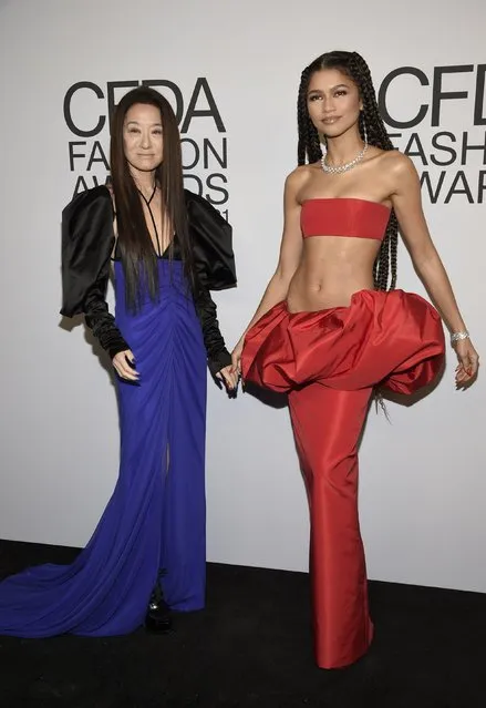 American fashion designer Vera Wang, left, and American actress and singer Zendaya attend the CFDA Fashion Awards at The Pool and The Grill on Wednesday, November 10, 2021, in New York. (Photo by Evan Agostini/Invision/AP Photo)