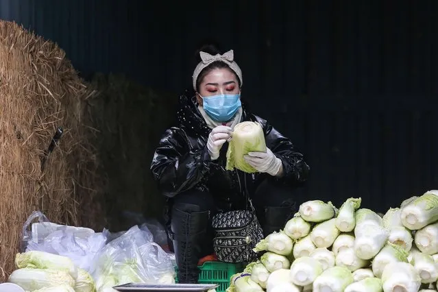 A vendor wearing a face mask waits for customers at a market in Shenyang in China's northeastern Liaoning province on April 17, 2020. (Photo by AFP Photo/China Stringer Network)