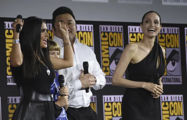 Salma Hayek, from left, Lia McHugh, Don Lee and Angelina Jolie participate in the Marvel Studios panel on day three of Comic-Con International on Saturday, July 20, 2019, in San Diego. (Photo by Chris Pizzello/Invision/AP Photo)