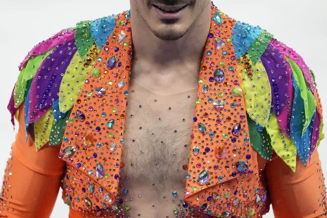 Paul Poirier, of Canada, practices a dance routine during a training session at the 2022 Winter Olympics, Thursday, February 3, 2022, in Beijing. (Photo by Bernat Armangue/AP Photo)