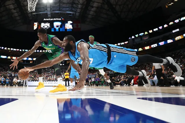 Julian Wright #30 of the Power dives for a loose ball against Larry Sanders #8 of the 3 Headed Monsters during week nine of the BIG3 three on three basketball league at American Airlines Center on August 17, 2019 in Dallas, Texas. (Photo by Ronald Martinez/BIG3 via Getty Images)