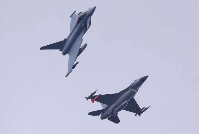 Combat aircrafts from NATO countries fly during a fighter plane maneuver exercise over the American military's Ramstein Air Base, near Ramstein-Miesenbach, Germany on June 6, 2024. (Photo by Thilo Schmuelgen/Reuters)