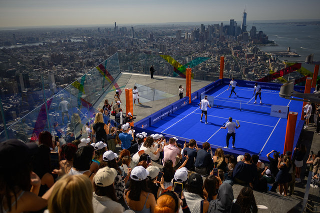 Pro tennis players, Madison Keys, Frances Tiafoe, Taylor Fritz, and Alex de Minaur, play pickleball on the 1,100-foot-tall outdoor observation deck at Edge at Hudson Yards on August 22, 2024 in New York City. La Roche-Posay hosted the event to raise awareness for the brand’s Every Day is a Sunscreen Day campaign in partnership with Edge which has it's limited-time SHADES exhibit going on. During the event La Roche-Posay presented the American Cancer Society with a donation of $50,000. (Photo by Alexi Rosenfeld/Getty Images)