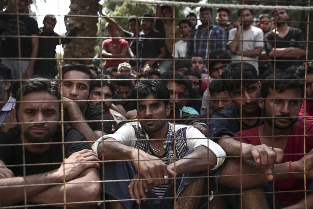 Migrants wait behind a fence for a registration procedure outside a police station at southeastern island of Kos, Monday, August 10, 2015. (Photo by Yorgos Karahalis/AP Photo)