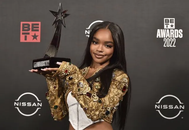 American actress Marsai Martin poses in the press room with the youngstar's award at the BET Awards on Sunday, June 26, 2022, at the Microsoft Theater in Los Angeles. (Photo by Richard Shotwell/Invision/AP Photo)