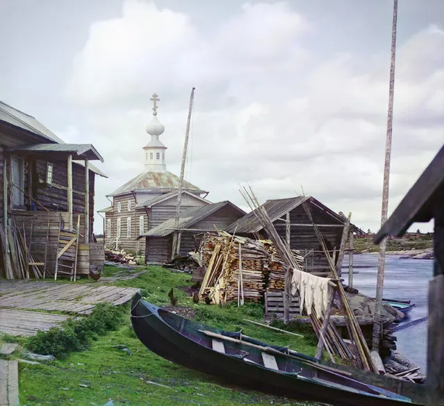 Photos by Sergey Prokudin-Gorsky. Fishing settlement (Village of Soroka. Zosima and Savvatiy church). Russia, Arkhangelsk province, Kem' uyezd (district), Soroka village, 1916