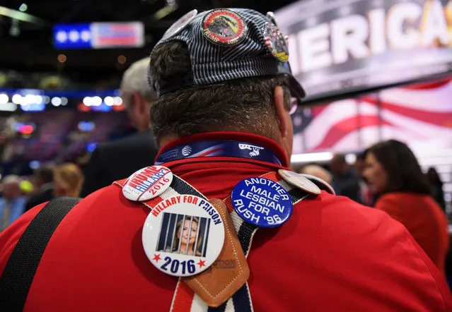 An attendee wears campaign memorabilia prior to the start of the fourth day of the Republican National Convention on July 21, 2016 at the Quicken Loans Arena in Cleveland, Ohio. Republican presidential candidate Donald Trump received the number of votes needed to secure the party's nomination. An estimated 50,000 people are expected in Cleveland, including hundreds of protesters and members of the media. The four-day Republican National Convention kicked off on July 18. (Photo by Jeff Swensen/Getty Images)