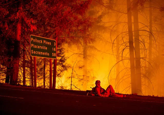 A firefighter battling the King Fire watches a backfire burn along Highway 50 in Fresh Pond, California September 16, 2014. (Photo by Noah Berger/Reuters)