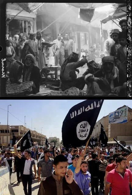 This combination of two photographs shows a 1932 image of Iraqis in the market in Mosul, northern Iraq, from the Library of Congress, top, and demonstrators chanting pro-Islamic State group slogans as they carry the group's flags in front of the provincial government headquarters in Mosul on Monday, June 16, 2014. (Photo by AP Photo)