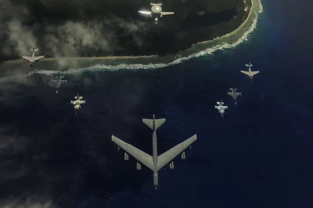 A U.S. Air Force B-52 Stratofortress from the 20th Expeditionary Bomb Squadron at Barksdale Air Force Base, La., leads a formation of two F-16 Fighting Falcons from the 18th Aggressor Squadron, Eielson AFB, Alaska; two Japan Air Self-Defense Force F-2 fighters from the 6th Tactical Fighter Squadron, Tsuiki Air Base, Japan; two U.S. (Photo by Staff Sgt. Jacob N. Bailey/U.S. Air Force photo)