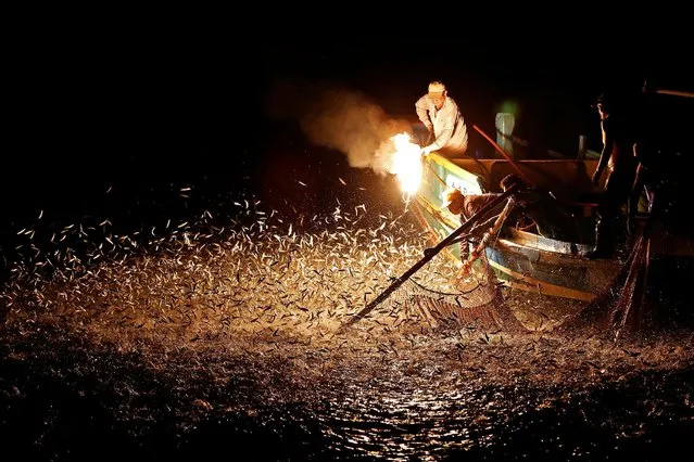 Fishermen use a fire to attract fish on a traditional “sulfuric fire fishing” boat in New Taipei City, Taiwan June 19, 2016. (Photo by Tyrone Siu/Reuters)