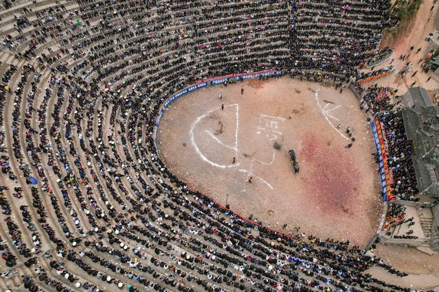 This aerial photo taken on March 22, 2025 shows villagers watching a bullfight in Congjiang county, Qiandongnan Miao and Dong Autonomous Prefecture, in China's southwestern Guizhou province. (Photo by AFP Photo/China Stringer Network)