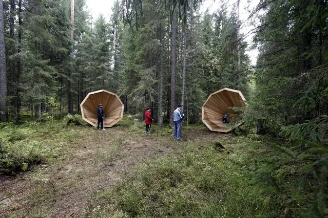 People gather near the wooden megaphones in the forest near Pahni village, Estonia, September 28, 2015. (Photo by Ints Kalnins/Reuters)