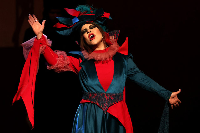 An actress performs during a presentation of William Shakespeare's “King Lear”, directed by Iranian actress and director Elika Abdolrazzaghi, at Tehran's Shahr Theatre, on May 21, 2025. (Photo by Atta Kenare/AFP Photo)