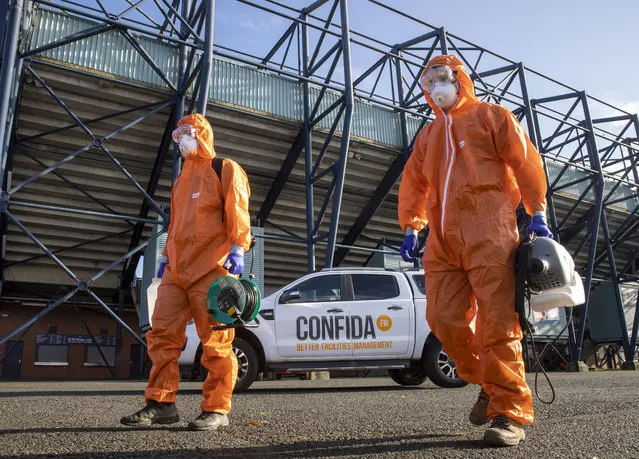 A deep clean starts at the Kilmarnock FC ground after players were isolated following an outbreak of Covid infections in Kilmarnock, Scotland on October 6, 2020. (Photo by Jeff Holmes/JSHPIX/Rex Features/Shutterstock)