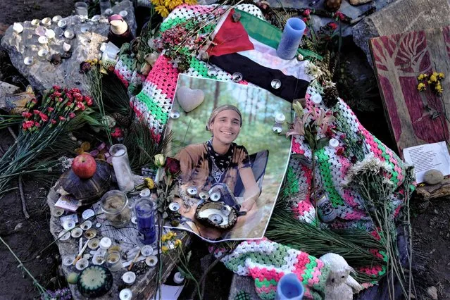 A makeshift memorial for environmental activist Manuel Teran, who was killed by law enforcement during a raid to clear the construction site of a police training facility that activists have nicknamed “Cop City” near Atlanta, Georgia on February 6, 2023. Teran was allegedly shot by police on January 18, 2023, during a confrontation as officers cleared activists from a forest, the planned site of a police-training facility. (Photo by Cheney Orr/AFP Photo)