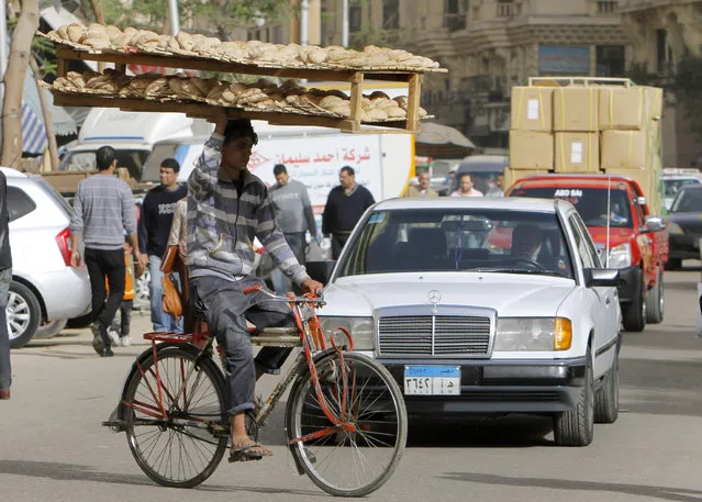 An Egyptian bread vendor rides his bicycle in downtown Cairo, Egypt, Saturday, March 16, 2013. Owners of state-subsidized bakeries protested Saturday against changes to the distribution system of subsidized wheat. It comes amid economic reforms the government is seeking to implement to boost the economy and ensure subsidized bread reaches millions of poor Egyptians who complain that the bakeries sell the wheat for a profit. (Photo by Amr Nabil/AP Photo)