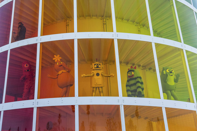 Muno, left, Foofa, Plex, Brobee, and Toodee of Yo Gabba Gabba pose during the the first weekend of the Coachella Valley Music and Arts Festival at the Empire Polo Club on Saturday, April 13, 2024, in Indio, Calif. (Photo by Amy Harris/Invision/AP Photo)