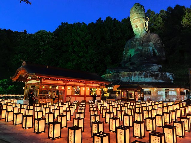 The temple grounds are enveloped in a magical atmosphere under the soft light of the lanterns on August 13, 2025 in Aomori, Japan. (Photo by The Asahi Shimbun via Getty Images)