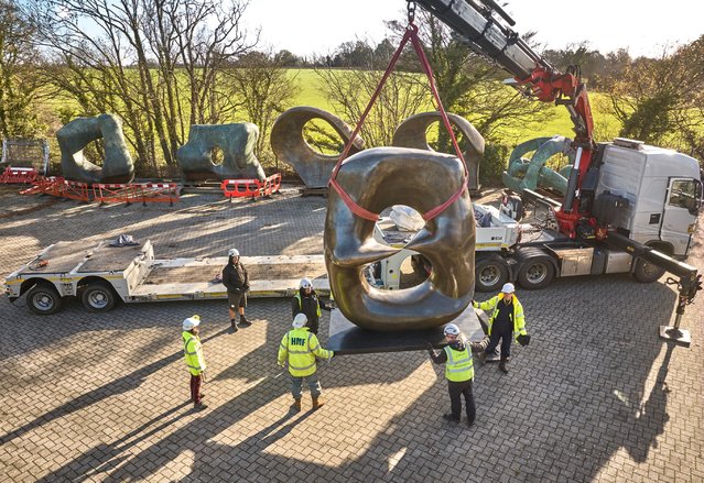Henry Moore’s Oval with Points is moved from its Hertfordshire home for conservation before taking centre stage in a landmark exhibition at Kew Gardens, England in the second decade of November 2025. (Photo by David Levene/The Guardian)