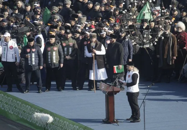 Chechen leader Ramzan Kadyrov (front) delivers a speech during a rally to protest against satirical cartoons of prophet Mohammad, in Grozny, Chechnya January 19, 2015. (Photo by Eduard Korniyenko/Reuters)