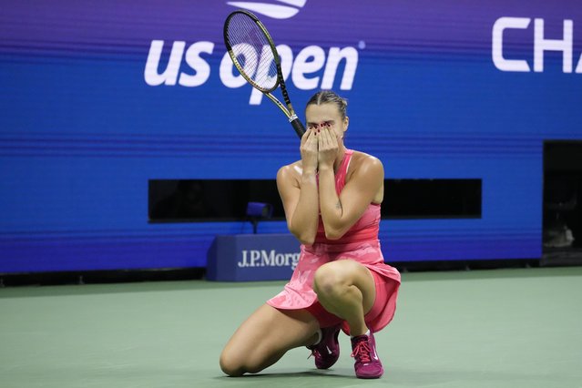 Aryna Sabalenka, of Belarus, reacts after winning a match against Madison Keys, of the United States, during the women's singles semifinals of the U.S. Open tennis championships, Friday, September 8, 2023, in New York. (Photo by John Minchillo/AP Photo)