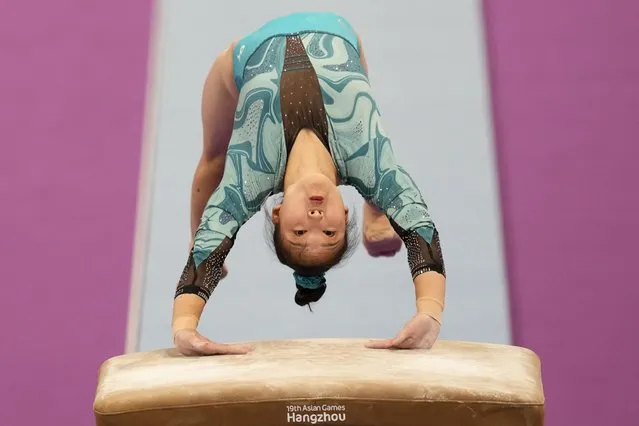 Yun Boeun of South Korea, competes on the vault at the women's team artistic gymnastics event of the 19th Asian Games in Hangzhou, China, Monday, September 25, 2023. (Photo by Aaron Favila/AP Photo)