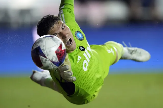 Charlotte FC goalkeeper Kristijan Kahlina deflects a shot by Inter Miami forward Leonardo Campana during the second half of an MLS soccer match, Wednesday, October 18, 2023, in Fort Lauderdale, Fla. (Photo by Rebecca Blackwell/AP Photo)