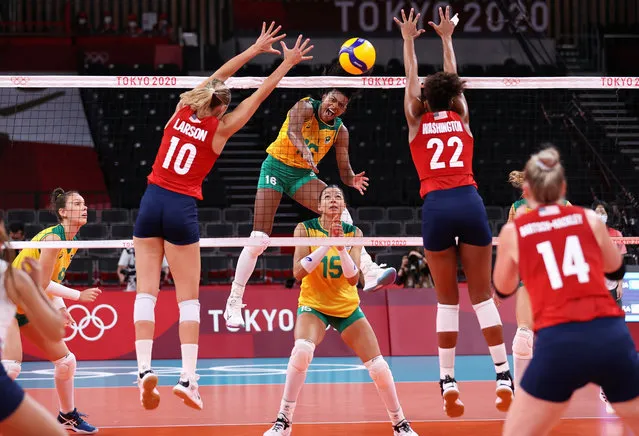 Fernanda Rodrigues #16 of Team Brazil competes against Jordan Larson #10 and Haleigh Washington #22 of Team United States during the Women's Gold Medal Match on day sixteen of the Tokyo 2020 Olympic Games at Ariake Arena on August 08, 2021 in Tokyo, Japan. (Photo by Toru Hanai/Getty Images)