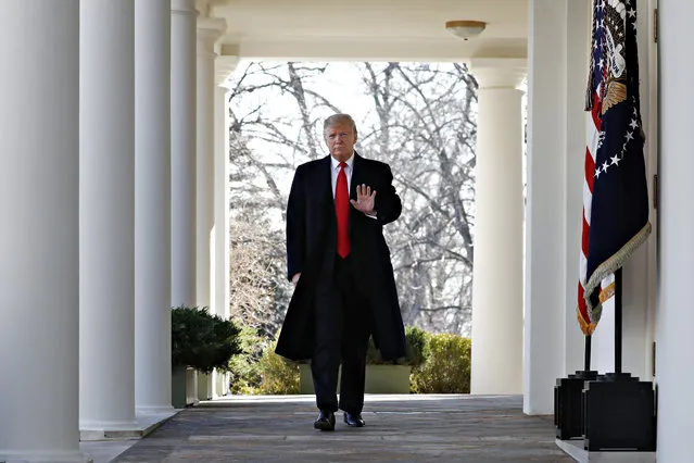President Donald Trump waves as he walks through the Colonnade from the Oval Office of the White House on arrival to announce a deal to temporarily reopen the government, Friday, January 25, 2019, from the Rose Garden of the White House in Washington. (Photo by Jacquelyn Martin/AP Photo)