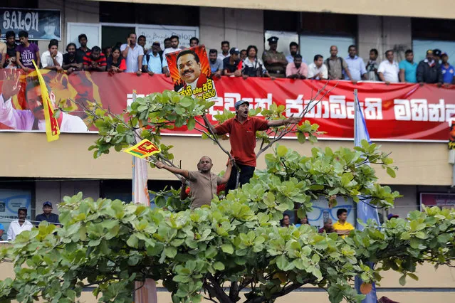 Supporters of former Sri Lankan president and present opposition lawmaker Mahinda Rajapaksa cheer for him from the top of a tree during a public rally organized against the government, in Nugegoda, on the outskirts of Colombo, Sri Lanka, Friday, January 27, 2017. Rajapaksa set off his campaign to defeat the current government accusing it for corruption and mismanagement. (Photo by Eranga Jayawardena/AP Photo)