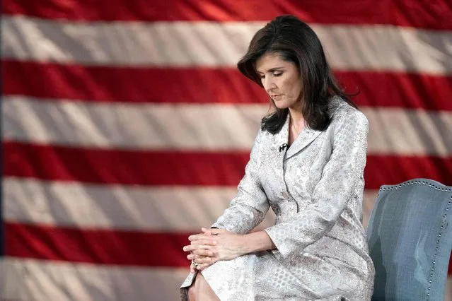 US Republican presidential candidate and former UN Ambassador Nikki Haley looks down during a town hall meeting hosted by Fox News in Columbia, South Carolina, on February 18, 2024, ahead of the February 24 South Carolina Republican presidential primary. Former US president Donald Trump's last remaining Republican rival for the US election in November bashed the ex-president Sunday for his continued silence over the death of Russian opposition leader Alexei Navalny and his recent outburst over NATO. (Photo by Sean Rayford/AFP Photo)