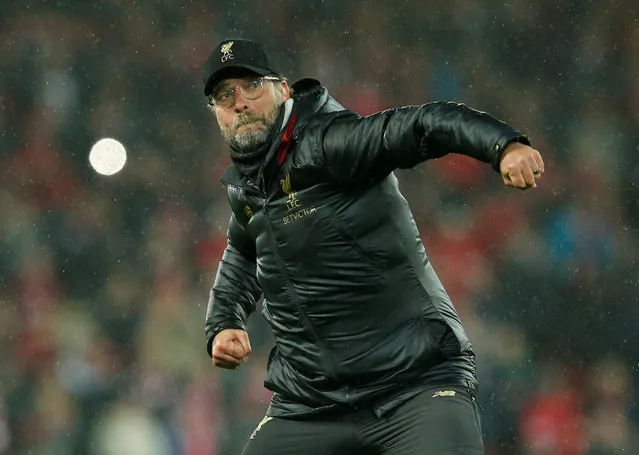 Liverpool manager Juergen Klopp celebrates after the match during the Premier League match between Liverpool FC and Huddersfield Town at Anfield on April 26, 2019 in Liverpool, United Kingdom. (Photo by Andrew Yates/Reuters)