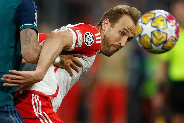 Bayern Munich's English forward #09 Harry Kane eyes the ball during the UEFA Champions League quarter-final second leg football match between FC Bayern Munich and Arsenal FC in Munich, southern Germany on April 17, 2024. (Photo by Odd Andersen/AFP Photo)