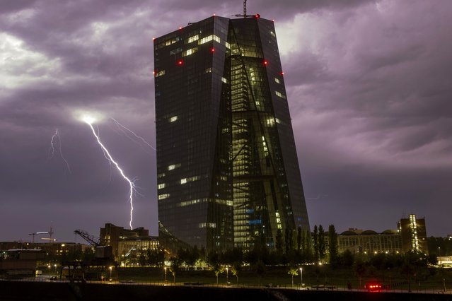 The European Central Bank is pictured during a thunder storm in Frankfurt, Germany, Tuesday, Sepember 12, 2023. (Photo by Michael Probst/AP Photo)