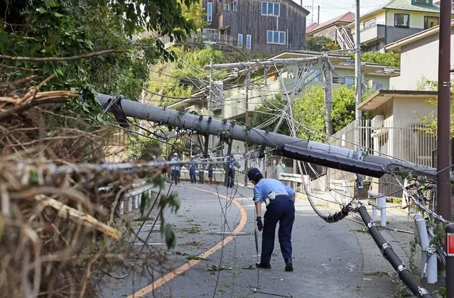 A police officer ispects a fallen utility pole downed by winds caused by Typhoon Faxai in Kamakura, Kanagawa prefecture on September 9, 2019. (Photo by JIJI Press/AFP Photo)