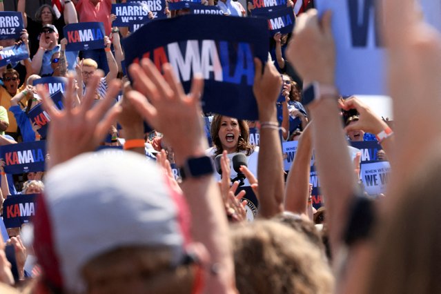 U.S. Vice President and Democratic presidential candidate Kamala Harris speaks during a campaign event in Eau Claire, Wisconsin on August 7, 2024. (Photo by Kevin Mohatt/Reuters)