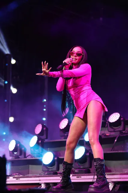 American singer-songwriter Tinashe performs with TOKiMONSTA at the 2022 Coachella Valley Music and Arts Festival on April 15, 2022 in Indio, California. (Photo by Amy Sussman/Getty Images for Coachella)