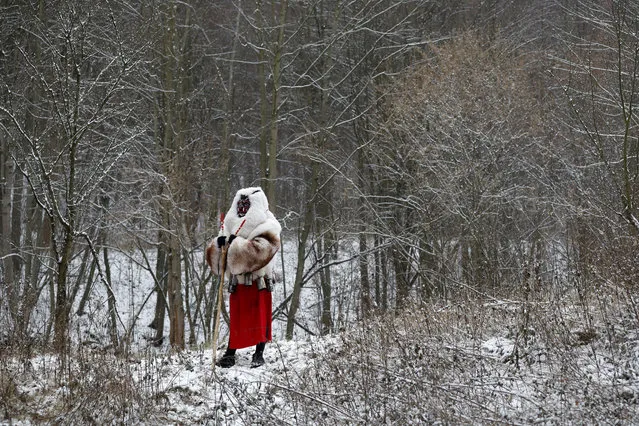 Revelers depicting devil waits in the woods during a traditional St Nicholas procession in the village of Valasska Polanka, Czech Republic, Saturday, December 7, 2019. (Photo by Petr David Josek/AP Photo)