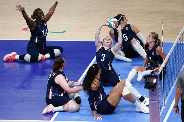 US #3 Alexis Ann Shifflett-Patterson (C) competes in a sitting volleyball women's preliminary round pool A match between USA and China during the Paris 2024 Paralympic Games at the North Paris Arena in Paris on August 30, 2024. (Photo by Dimitar Dilkoff/AFP Photo)