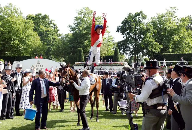 Frankie Dettori on Inspiral celebrates after winning the 16:20 Coronation Stakes at Ascot Racecourse, in Ascot, Britain on June 17, 2022. (Photo by Peter Cziborra/Reuters)