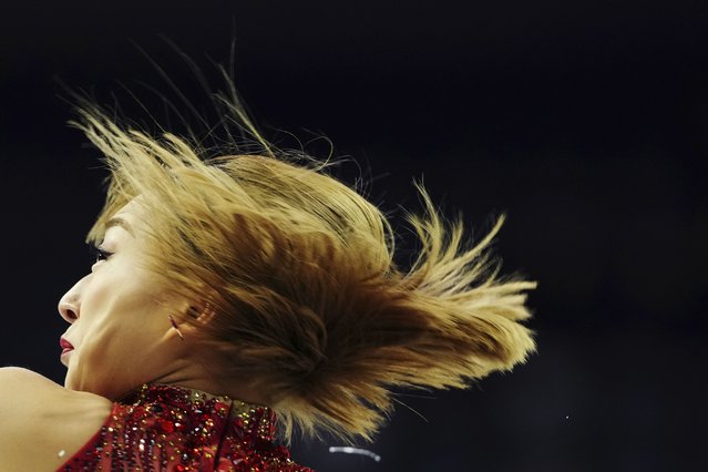 Kaori Sakamoto, of Japan, competes in the women's short program at the Skate Canada International figure skating competition in Halifax, Nova Scotia, Friday, October 25, 2024. (Photo by Darren Calabrese/The Canadian Press via AP Photo)