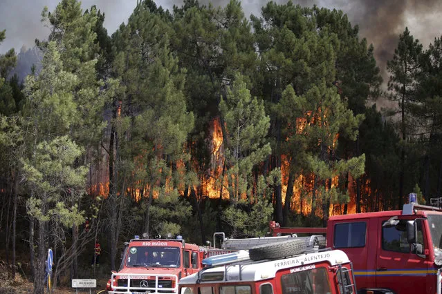 Firefighters position themselves to battle a forest fire raging by the village of Lercas near Sardoal, central Portugal, Thursday, August 17 2017. Portugal's government is taking the rare step of decreeing a state of public calamity ahead of a forecast rise in temperatures that authorities fear will worsen a spate of wildfires. (Photo by Armando Franca/AP Photo)