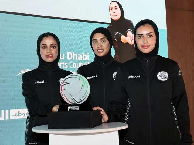 The Fatima bint Mubarak Ladies Academy team members from Left, Moza Al Hammadi, Ruqaya Ali Alblooshi and Meera Al Hosani, at the launch ceremony at the Abu Dhabi Sports Council on Thursday, August 4m 2022. (Photo by Abu Dhabi Sports Council (ADSC)/The National)