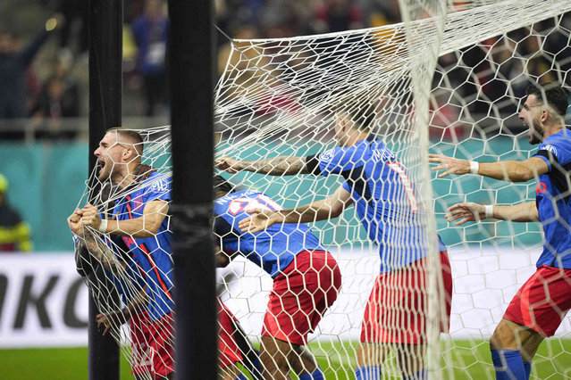 FCSB's Daniel Birligea celebrates after scoring his side's second goal during the Europa League opening phase soccer match between FCSB and Midtjylland at the National Arena stadium, in Bucharest, Romania, Thursday, November 7, 2024. (Photo by Andreea Alexandru/AP Photo)