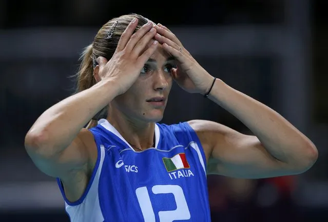 Italy's Francesca Piccinini reacts after losing their women's quarterfinal volleyball match against South Korea at Earls Court during the London 2012 Olympic Games August 7, 2012. (Photo by Ivan Alvarado/Reuters)